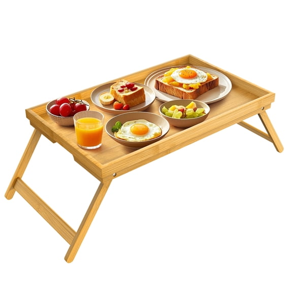 CSD58BMBT0000BM Breakfast Bed Tray for Eating - Raised Food Table Up to 9.5" on Lap Sofa - Adjustable Bamboo Serving Tray - Portable Snack Platter with Folding Legs Ideal for Bedroom Picnic