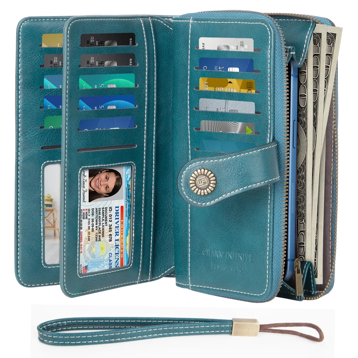 CSD01CQ100WFWBUWallet for Women, Rfid Blocking Bifold Luxury Leather Pocket Wallet, Ladies Portable Purse with 2 ID Windows & 23 Credit Card Slot, Large Capacity with Wristlet