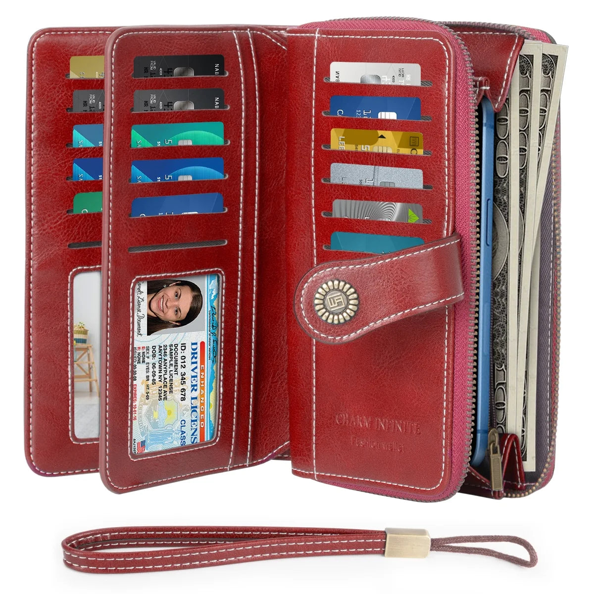 CSD01CQ100WFWRE Wallet for Women, Rfid Blocking Bifold Luxury Leather Pocket Wallet, Ladies Portable Purse with 2 ID Windows & 23 Credit Card Slot, Large Capacity with Wristlet, Red
