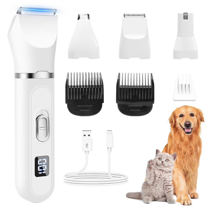 4 in 1 Dog Clippers for Grooming Paw Trimmer, Rechargeable Dog Grooming Clipper Kit Nail Grinder, Cordless Pet Cat Trimmer Shavers for Small & Large Dogs Cats Pets with Thick Coats