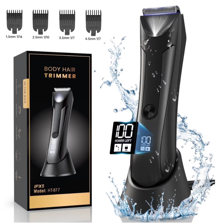 Electric Body Trimmer, Men's Groin Hair Trimmer IPX5 Waterproof Wet/Dry Use Razor, Ceramic Blade Ball Shaver Clipper Body Grooming Kit with LCD Baterry Display, USB Recharge Dock & LED Light