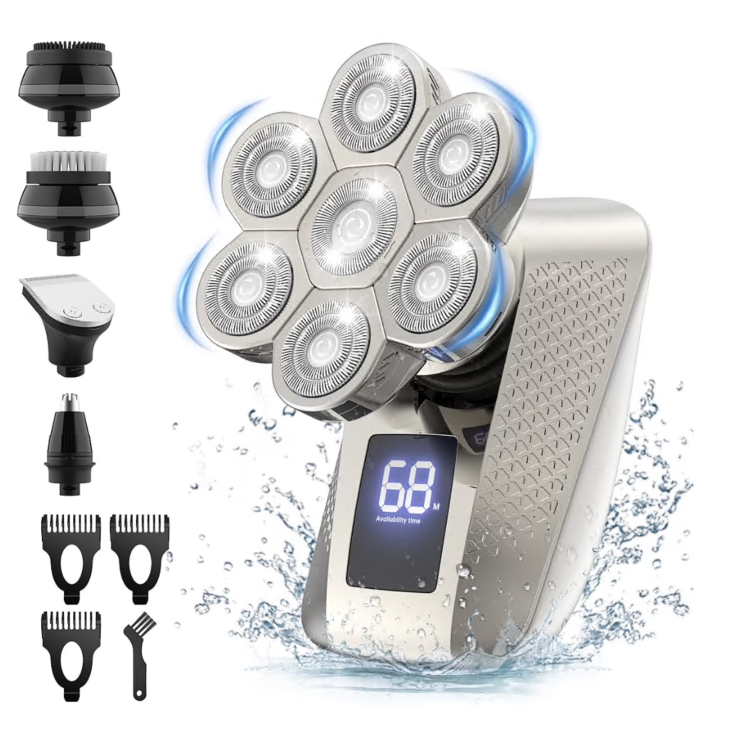 8D Head Shaver for Men, 5 in 1 Electric Bald Head Shaver Cordless Razor IPX7 Waterproof Beard Trimmer USB Rechargeable Hair Clipper Grooming Kit W/ LED Display for Daddy Boyfriend Brother Wet/Dry Use