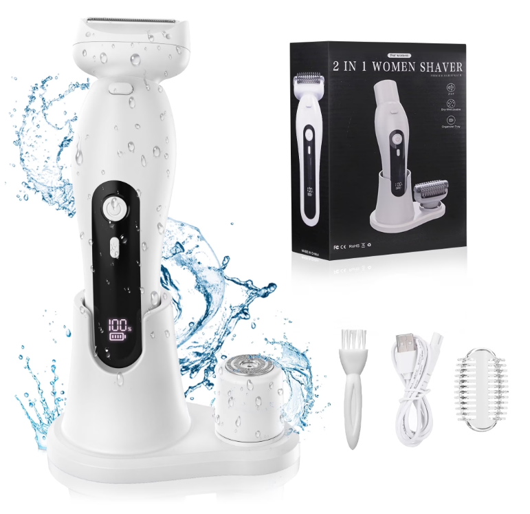 Women Electric Razor, 2 in 1 Electric Shaver for Women, LED Light, Digital Display, Low Noise, Wet Dry Use for Bikini Hair Removal Underarm Public Hairs Legs, White