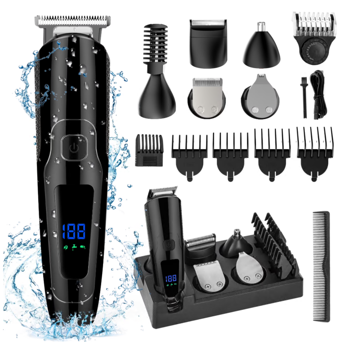 Hair Clipper, 14 in 1 Electric Beard Trimmer for Men, IPX7 Waterproof USB Rechargeable Cordless Haircut Face Nose Ear Hair Groomer Kit W/ LED Display for Home Travel Wet/Dry Use