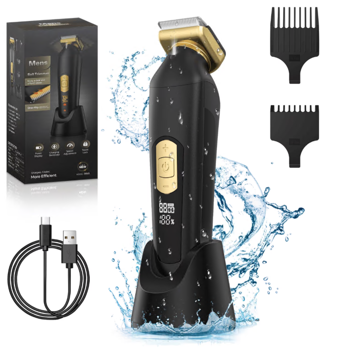 Body Hair Trimmer for Men, Electric Groin Hair Trimmer for Men with Safe Blade, Cordless Ball Shaver Men w/Light, Charging Dock, Waterproof Wet/Dry Clippers, LED Display