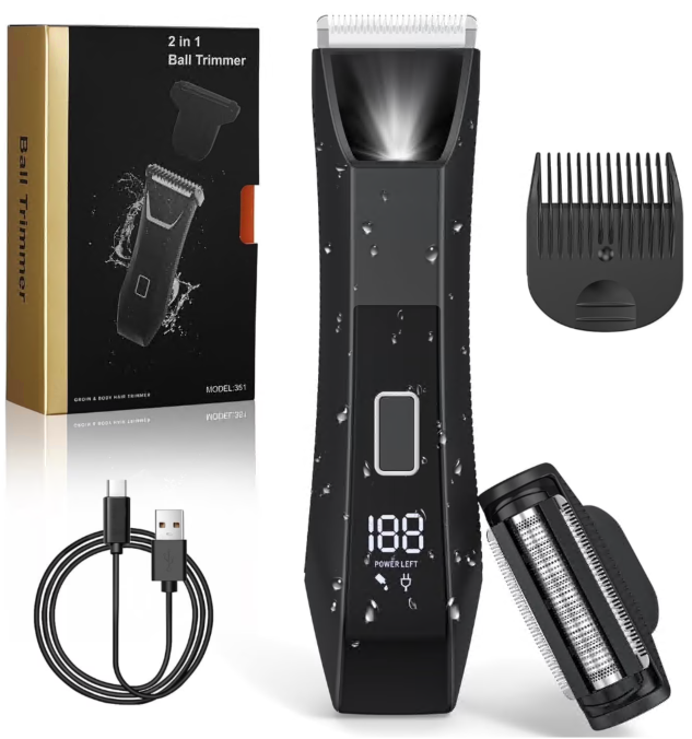 Body Hair Trimmer for Men, IPX7 Waterproof Pubic and Groin Hair Trimmer, Electric Ball Shaver with LED Light, Ceramic Blade, USB Rechargeable