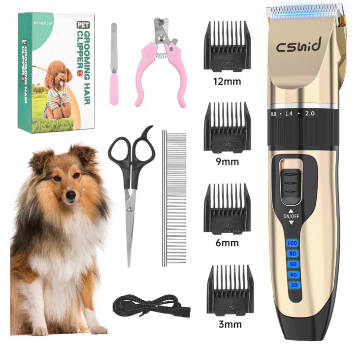 Dog Hair Clippers, Professional LED Display Dog Grooming Kit, Cordless Quiet Pets Clippers Hair Trimmer, Low Noise Dog Shaver Clipper with 4 Comb Guides, 5 Size Fine Tuning Knob for Thick Coats Cats