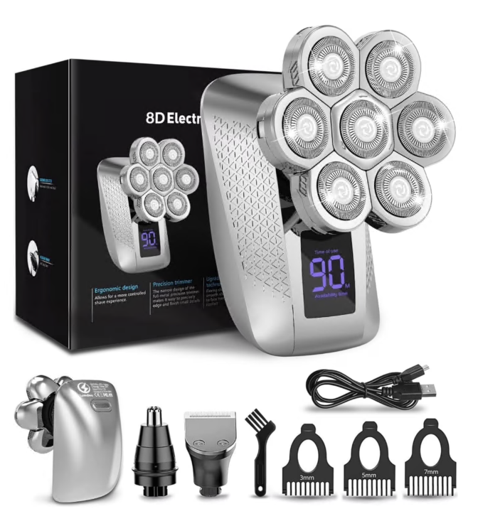 5 in 1 Electric Head Shaver for Bald Men, 8D Elctric Shaver Cordless Razor W/ with Nose Hair Sideburns Trimmer, IPX7 Waterproof Wet/Dry Mens Grooming Kit, Anti-Pinch, LED Display, USB Rechargeable