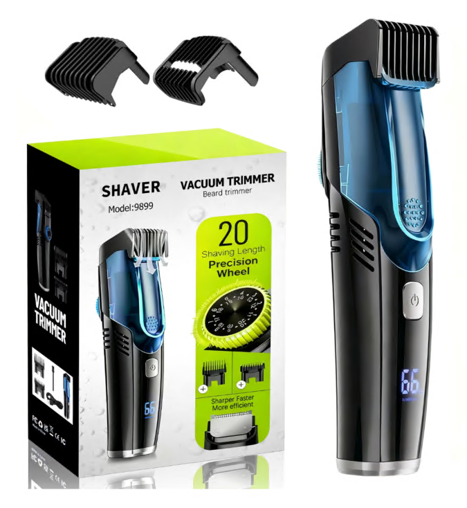 Vacuum Beard Trimmer for Men, Men’s Electric Stubble Trimmer with LED Display, 20 Length Settings, IPX7 Waterproof, USB Charge, Gifts for Men, Blue