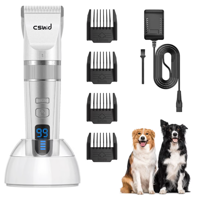 Dog Clippers with Charging Base, Professional LED Display Dog Heavy Duty Grooming Kit, 4 Speed Low Noise High Power Rechargeable Cordless Pet Tools for Small Large Dogs Cats with Thick Coats, White