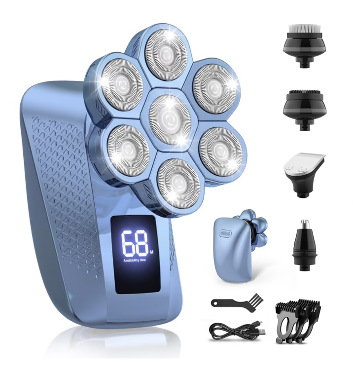 Head Shavers for Bald Men, 7D Electric Shaver Razor with Nose Hair Sideburns Trimmer, IPX7 Waterproof Wet/Dry LED Display Rechargeable Rotary Shaver 5 in 1 Grooming Kit