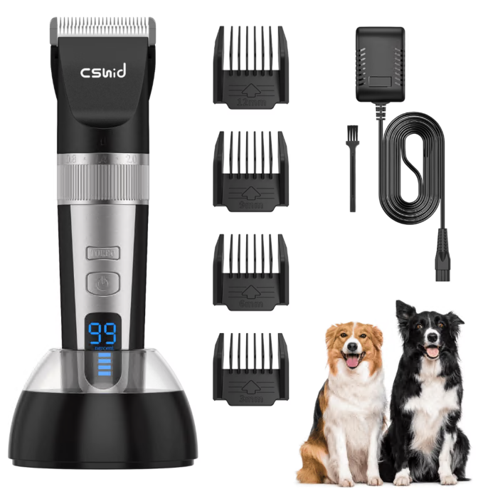 Dog Clippers with Charging Base, Professional LED Display Dog Heavy Duty Grooming Kit, 4 Speed Low Noise High Power Rechargeable Cordless Pet Tools for Small Large Dogs Cats with Thick Coats, Black