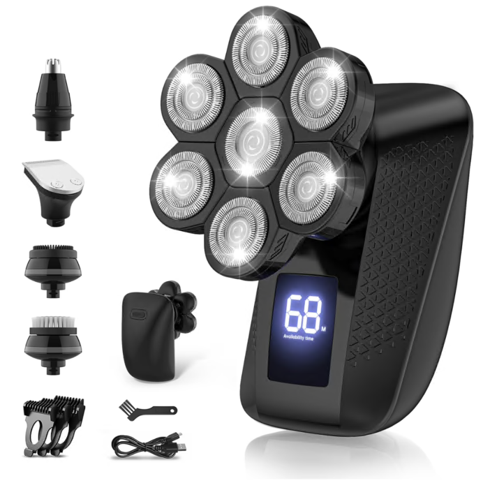 7D Head Shaver for Men, 5 in 1 Electric Bald Head Shaver with High-Speed Motor, IPX7 Waterproof Head Razor with LED Display, Dry/Wet, USB Rechargeable, Perfect for Home & Travel