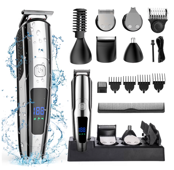 Hair Clipper for Men, All in One Grooming Kit IPX7 Waterproof, Cordless Electric Beard Trimmer, USB Rechargeable Body Mustache Nose Ear Facial Cutting Groomer for Wet/Dry W/ LED Display, Storage Dock