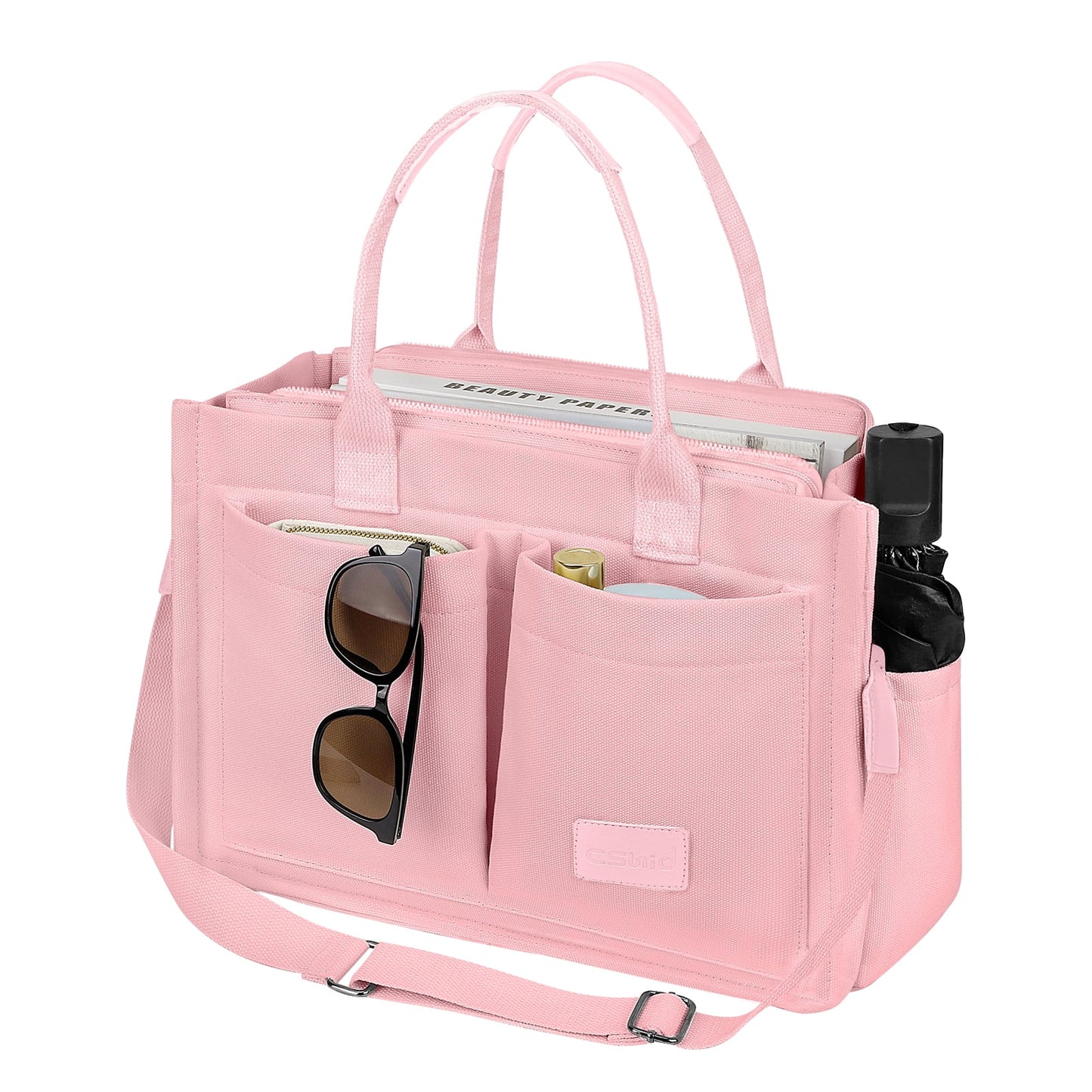CSD01UPTB0000PK Canvas Tote Bag with Multi-Pocket for Women, Large Crossbody Shoulder Handbag Everything Tote Bag with Compartments, Laptop Work Bags Shoulder Messenger Gym Bag for Travel Nurse College Gift