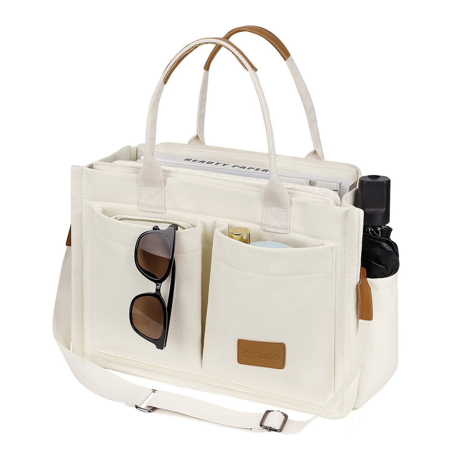 CSD01UPTB0000WH Canvas Tote Bag with Multi-Pocket for Women, Large Crossbody Shoulder Handbag Everything Tote Bag with Compartments, Laptop Work Bags Shoulder Messenger Gym Bag for Travel Nurse College Gift