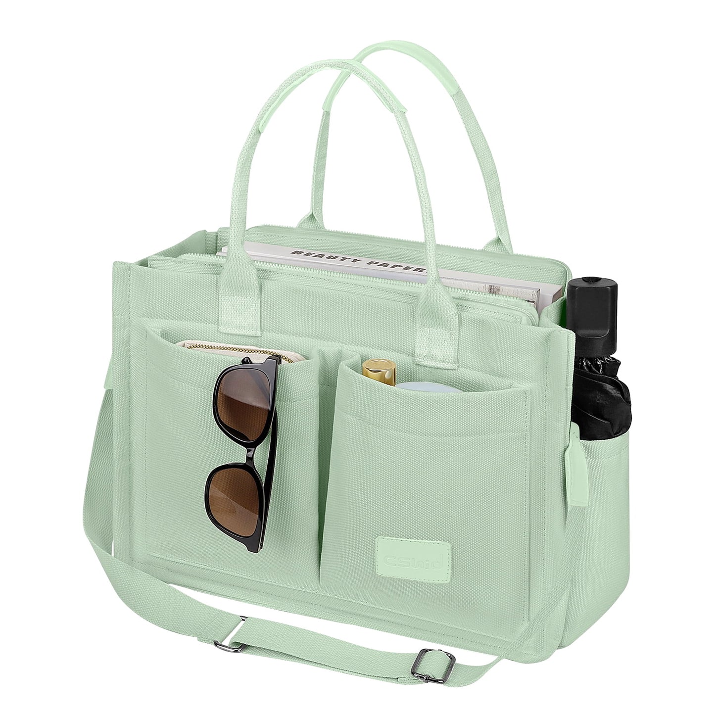 CSD01UPTB0000GN Canvas Tote Bag with Multi-Pocket for Women, Large Crossbody Shoulder Handbag Everything Tote Bag with Compartments, Laptop Work Bags Shoulder Messenger Gym Bag for Travel Nurse College Gift