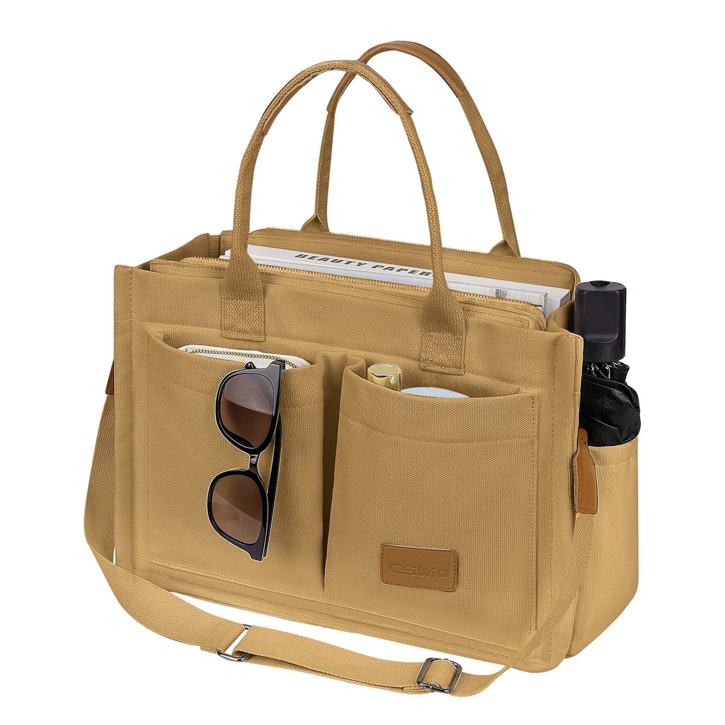 CSD01UPTB0000BN Canvas Tote Bag with Multi-Pocket for Women, Large Crossbody Shoulder Handbag Everything Tote Bag with Compartments, Laptop Work Bags Shoulder Messenger Gym Bag for Travel Nurse College Gift