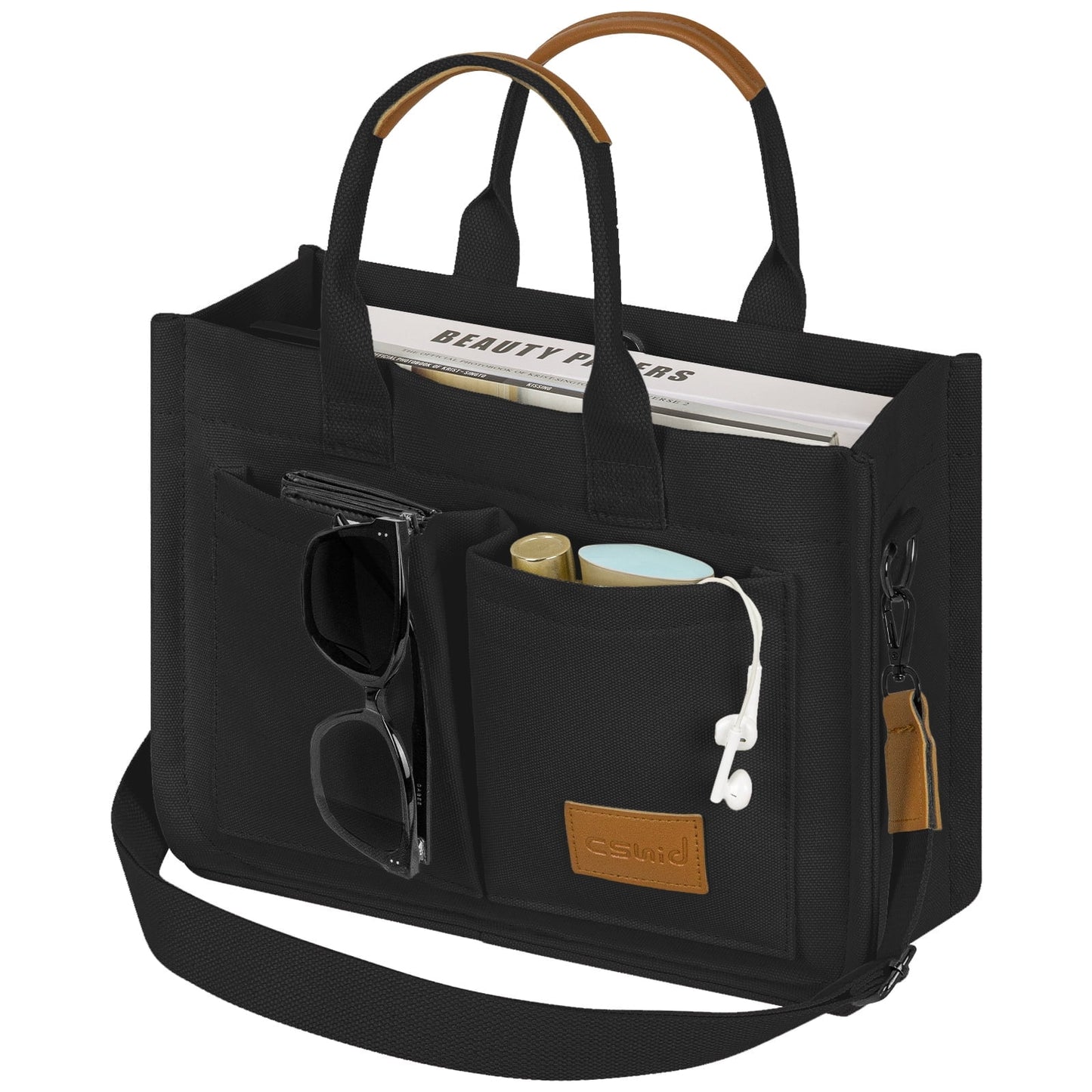 CSD02CTBH0000BK Canvas Tote Bag for Women With Pockets, Laptop Work Crossbody Everyday Satchel, Purses Everything Shoulder Tote Bag Everyday Satchel Handbags Messenger Gym Totes, Black