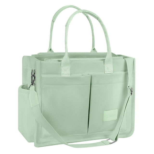 CSD02UPTB0000GN Canvas Tote Bag for Women With Side Pockets, Laptop Work Crossbody Everyday Satchel, Purses Shoulder Tote Bag Everyday Satchel Handbags Messenger for Travel Nurse College Gift, Green