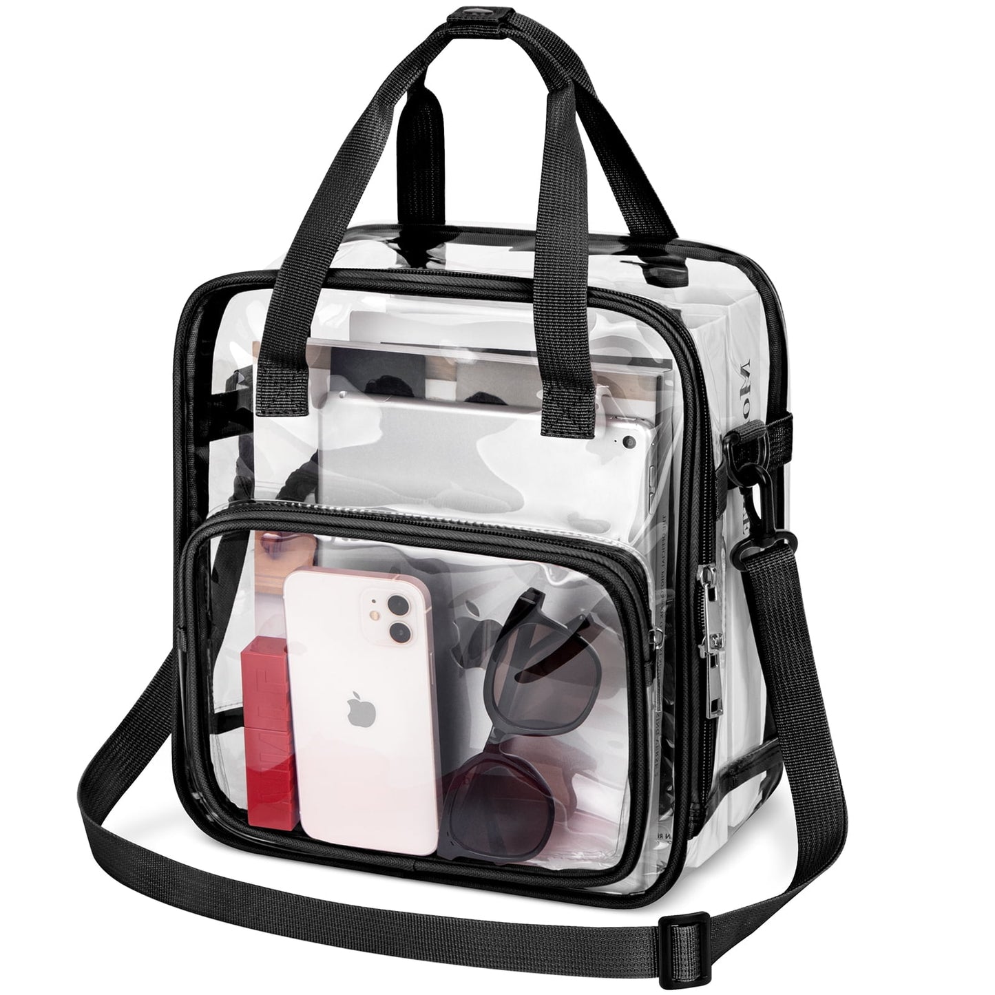 CSD47TBCB0000BK Clear Tote Bag for Stadium Events 12x12x6, Crossbody Clear Bag with Reinforced Strap, Transparent Tote Lunch Bag with Front Pocket for Work, Sports Games Concerts Travel Security Festival, Black