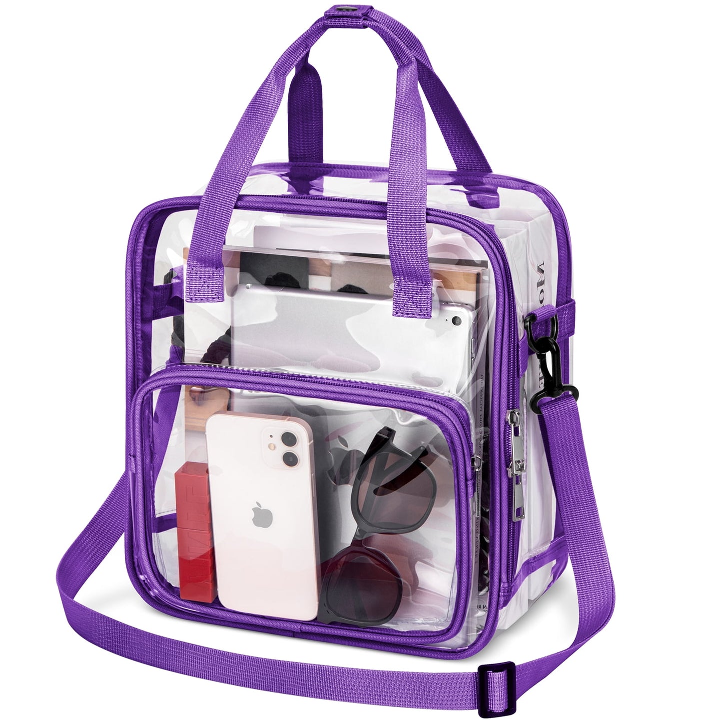CSD47TBCB0000PP Clear Tote Bag for Stadium Events 12x12x6, Crossbody Clear Bag with Reinforced Strap, Transparent Tote Lunch Bag with Front Pocket for Work, Sports Games Concerts Travel Security Festival