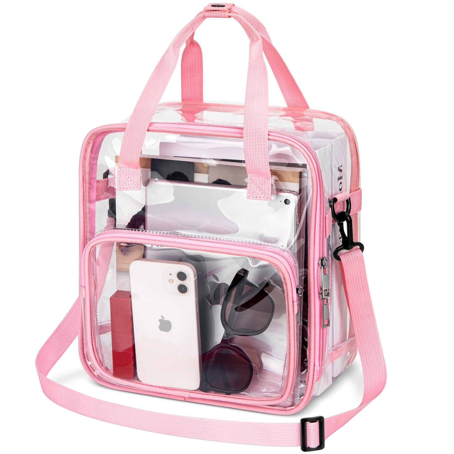 CSD47TBCB0000PK Clear Tote Bag for Stadium Events 12x12x6, Crossbody Clear Bag with Reinforced Strap, Transparent Tote Lunch Bag with Front Pocket for Work, Sports Games Concerts Travel Security Festival Pink