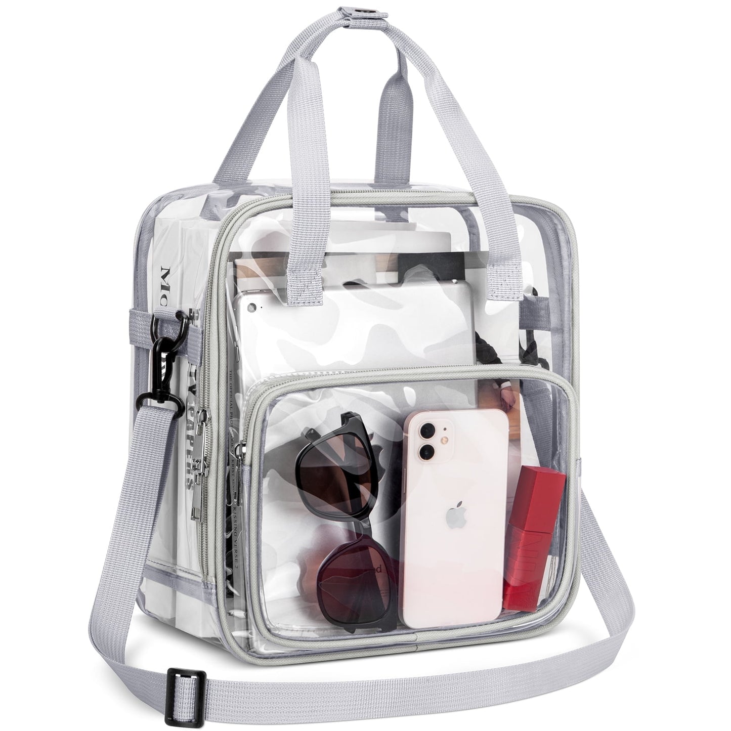 CSD46TBCB0000GY Clear Bag Stadium Approved 12x12x6, Clear Tote Bag with Reinforced Strap, Crossbody Messenger Shoulder Bag, Transparent Tote Lunch Bag for Work, Sports Games Concerts Travel Security Festival