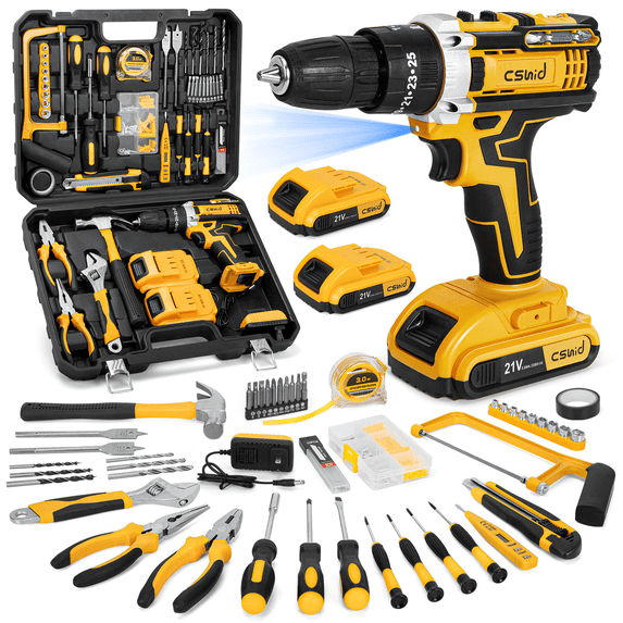 CSD45DSTS4801YE Cordless Drill Tool Kit Set, 21V Power Drill Tool Box with 2x 3000mAh Battery Electric Drill Set Driver for Men Women Home Hand Repair Basic Toolbox Tool Sets, 118PCS Home Mechanic Toolbox, Yellow
