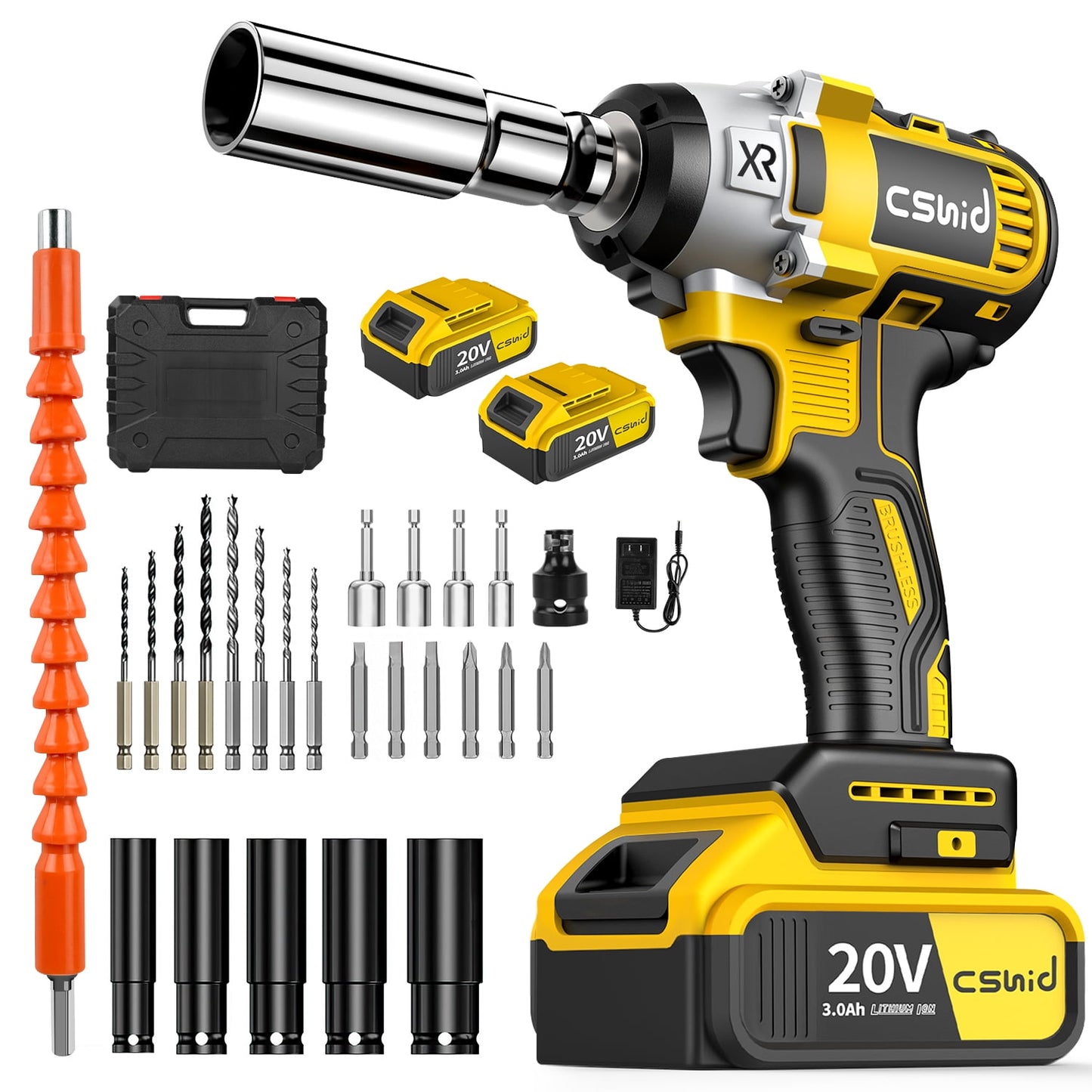 CSD01PICW0000YE Cordless Impact Wrench 1/2", 20V Powerful Brushless Motor w/ 2-Mode Speed, Power Impact Wrench W/ 5 Sockets,8 Drill,6 Screws, Max Torque 280 ft-lbs (380N.m), Includes 2 x 3.0A Batteries for Home Car