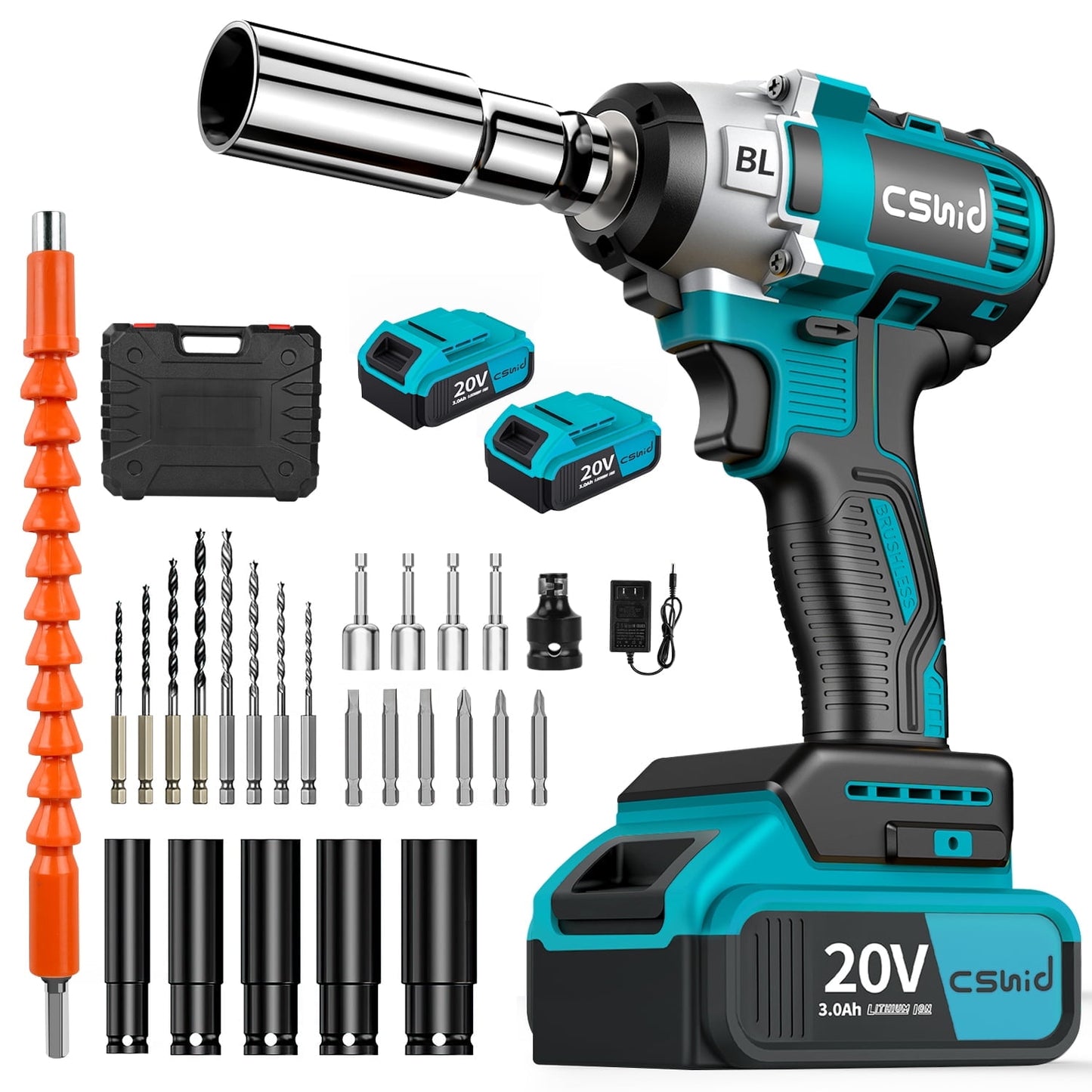 CSD01PICW0000BU Cordless Impact Wrench 1/2", 20V Powerful Brushless Motor w/ 2-Mode Speed, Power Impact Wrench W/ 5 Sockets,8 Drill,6 Screws, Max Torque 280 ft-lbs (380N.m), Includes 2 x 3.0A Batteries for Home Car