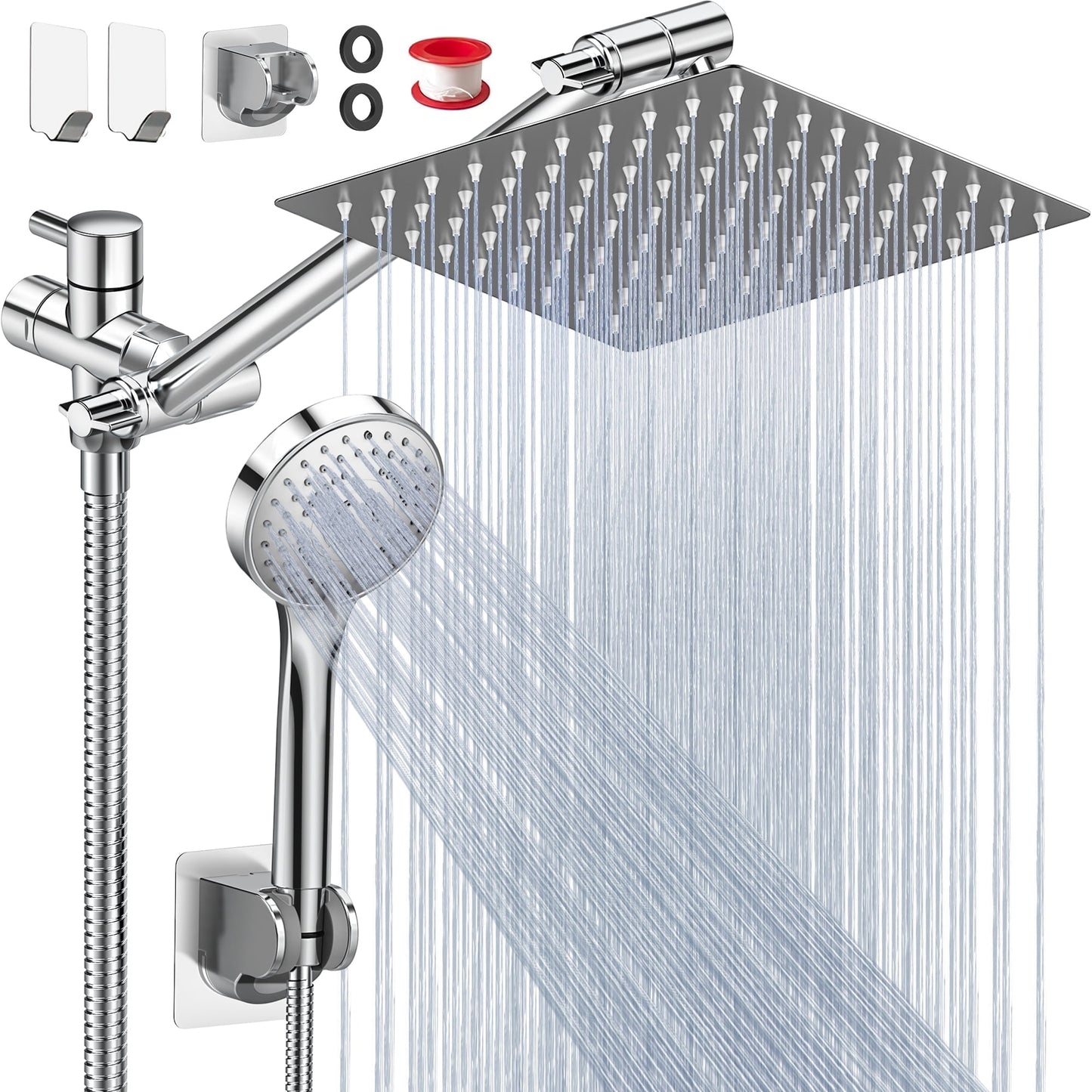 CSD36HPSH0008SR Dual Shower Head Combo, 8" High Pressure Rain Shower Head with 11" Adjustable Extension Arm, 5 Settings Handheld Shower Head with 59" Hose & Holder, Silver Chrome