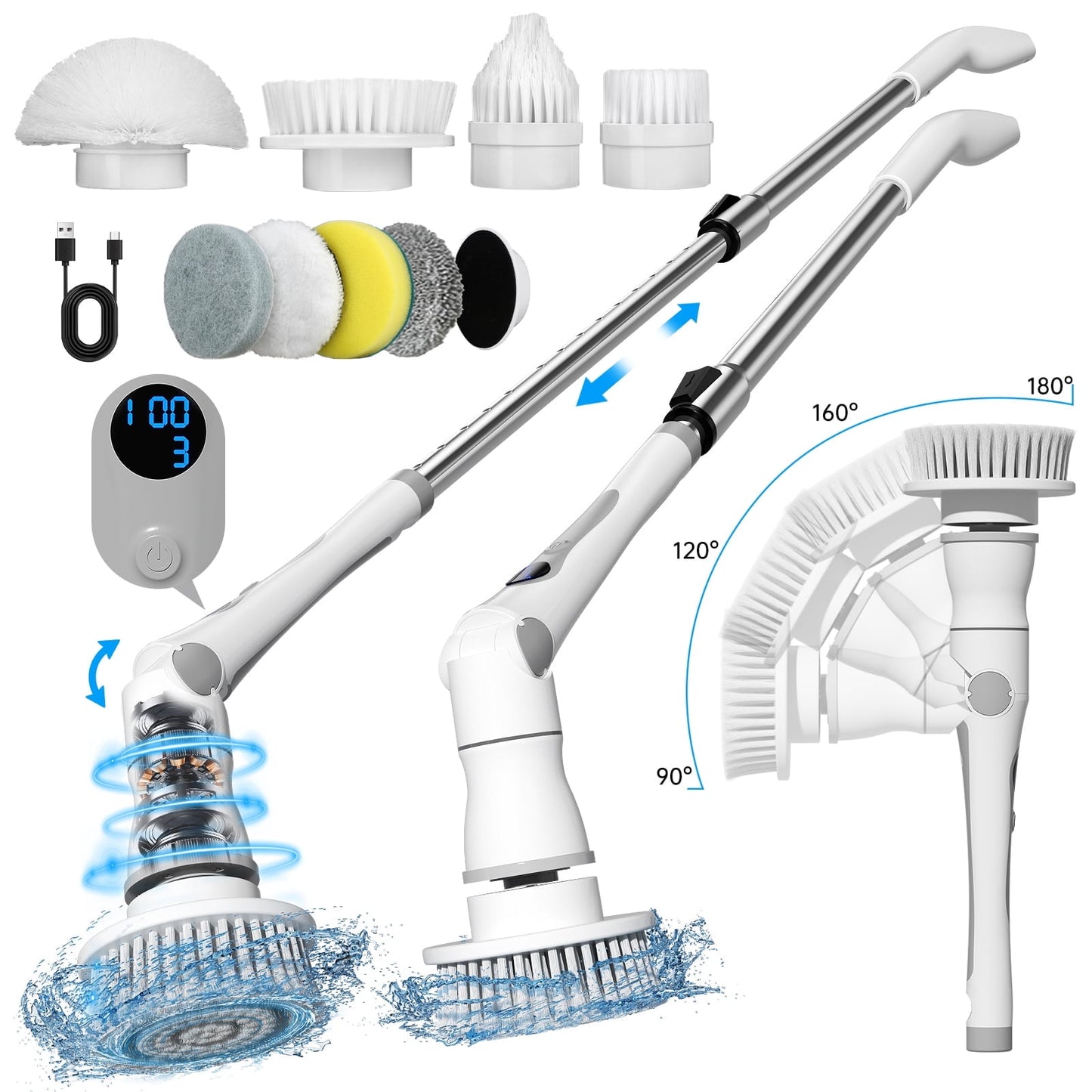 CSD01ESSB0000WH Electric Spin Scrubber with 3 Adjustable Speed and 8 Replaceable Brush Heads, Shower Scrubber with 4 Angle and LED Display, Cordless Cleaning Brush with 48" Extension Handle for Bathtub Tile Floor