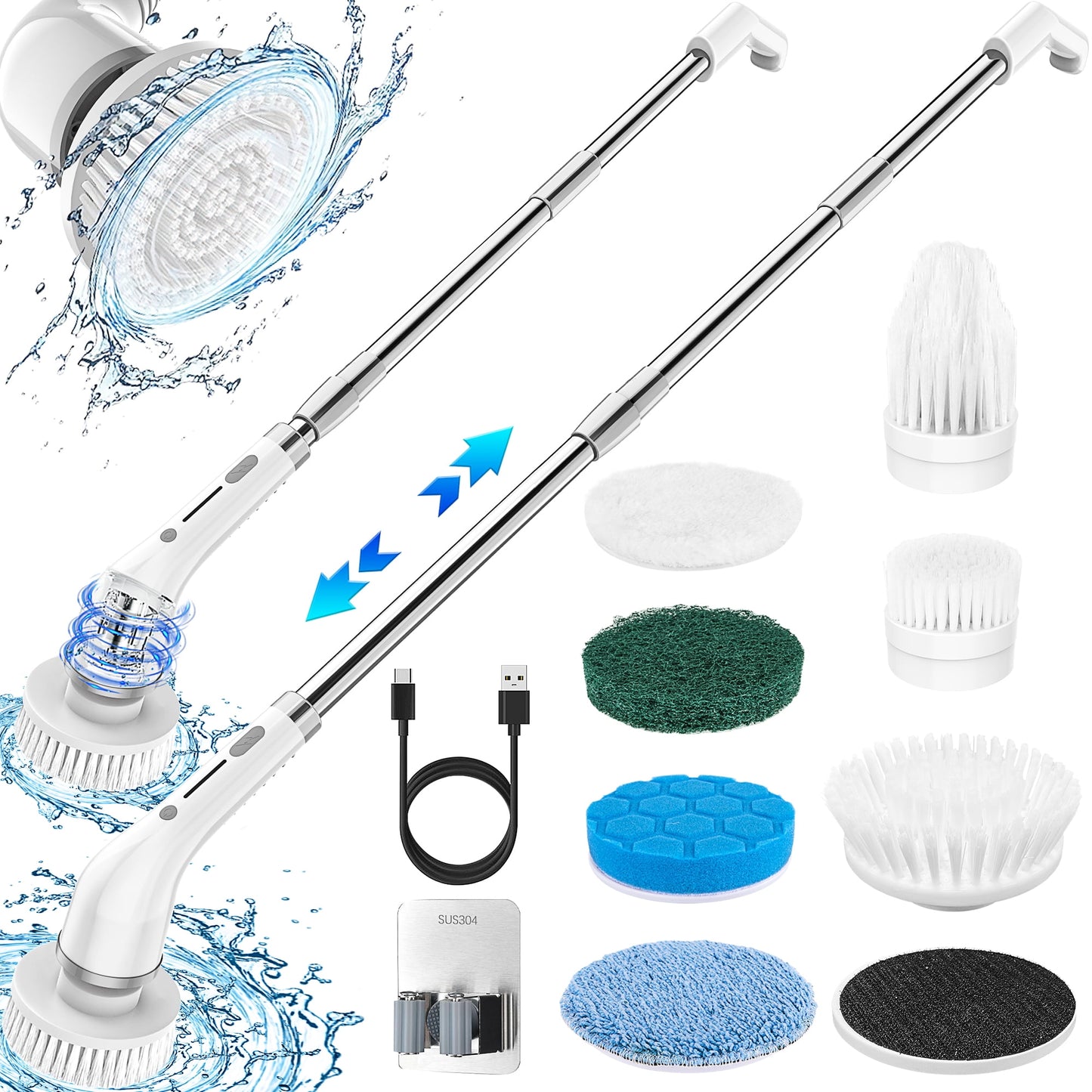 CSD01ESSB0000GY Electric Spin Scrubber, Cordless Cleaning Brush with 7 Replaceable Brush Heads and 51.2 in Handle, 360 Power Scrubber Dual Speed with Adjustable & Detachable Handle for Bathroom Kitchen Tub Floor Tile