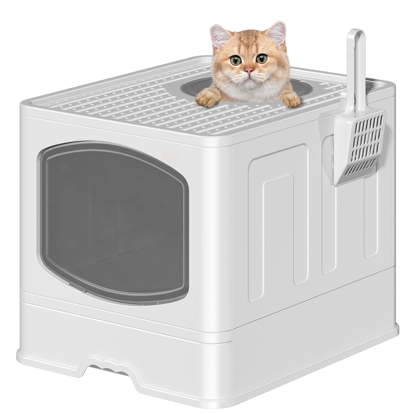 CSD06FCLB0000WH Extra Large Foldable Cat Litter Box with Litter Scoop, Front Entry Top Exit Cat Litter Pan with Lid, Enclosed Anti-Splashing Kitty Litter Box, Drawer Type Cat Litter Easy Cleaning and Scoop White