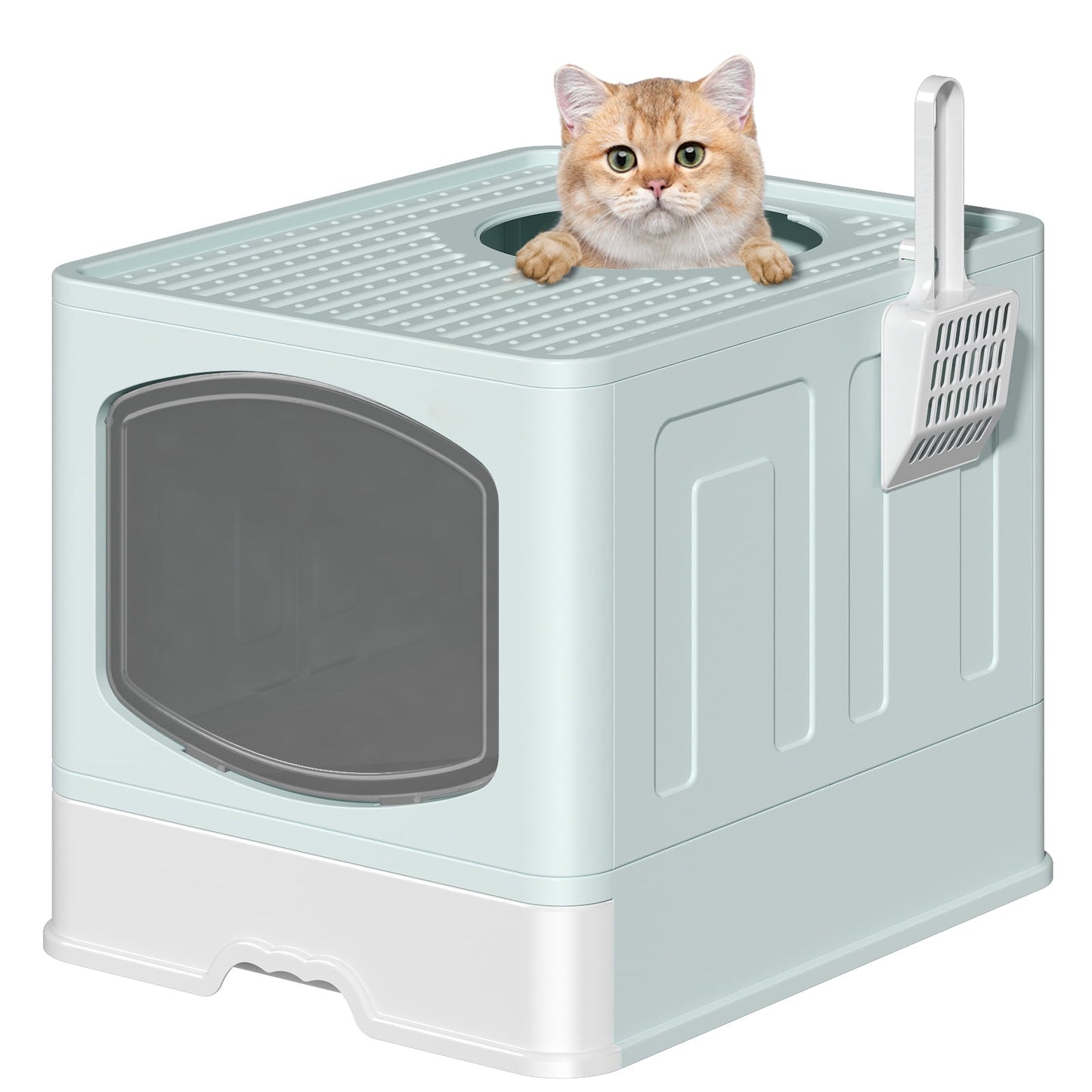 CSD06FCLB0000BU Extra Large Foldable Cat Litter Box with Litter Scoop, Front Entry Top Exit Cat Litter Pan with Lid, Enclosed Anti-Splashing Kitty Litter Box, Drawer Type Cat Litter Easy Cleaning and Scoop Blue