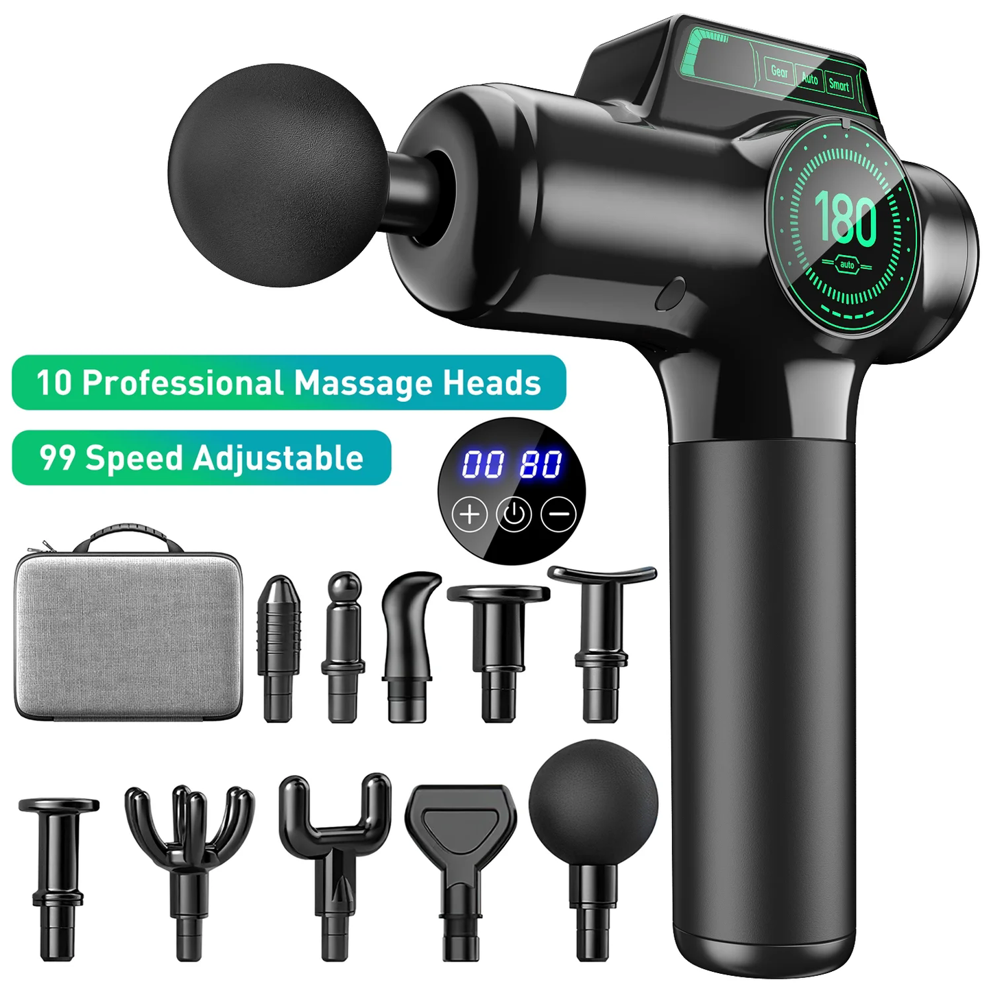 CSD01MGF20000BK Massage Gun Deep Tissue, Muscle Percussion Back Neck Head Handheld Hammer Massager for Athletes, 99 Speed Level with LED Display Screen, Long Battery Life with 10 Heads