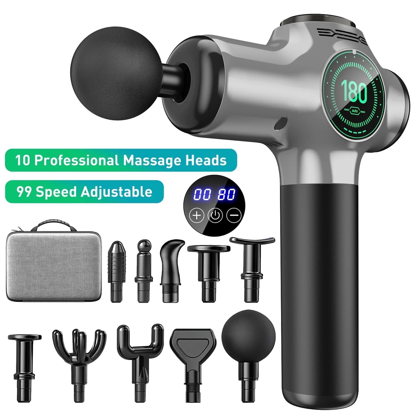 CSD01MGF50000SR 99 Speed Massage Gun, Upgrade Deep Tissue Back Massager with 10 Massages Heads & Silent Brush Motor, Percussion Massage Guns for Athletes for Pain Relief, Quiet Electric Massager for Treatment,Silver