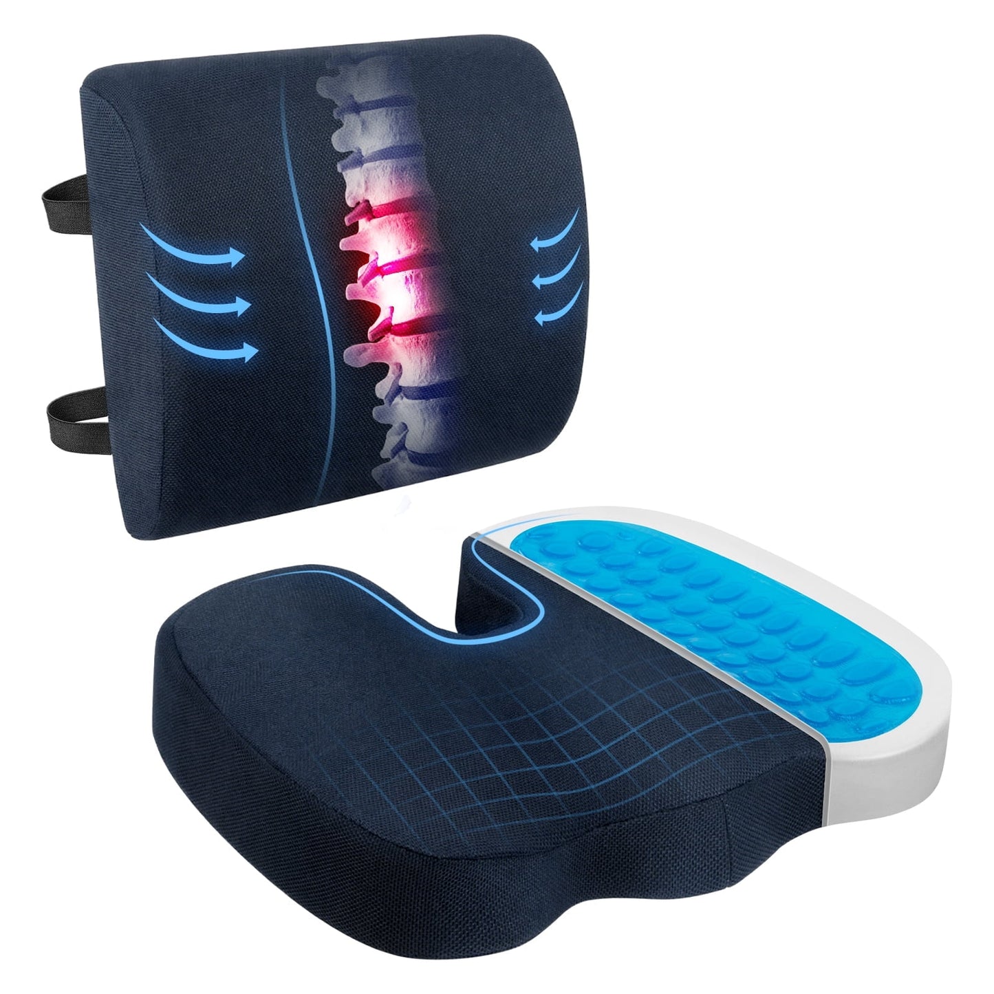 CSD42SCOC0000BU2P Gel Seat Cushion for Office Chair, Car Seat, Wheelchair, Lumbar Support Memory Foam Pillow with Adjustable Strap 3D Washable Cover, Coccyx Cushion for Tailbone, Hip, Sciatica & Back Pain Relief, Blue
