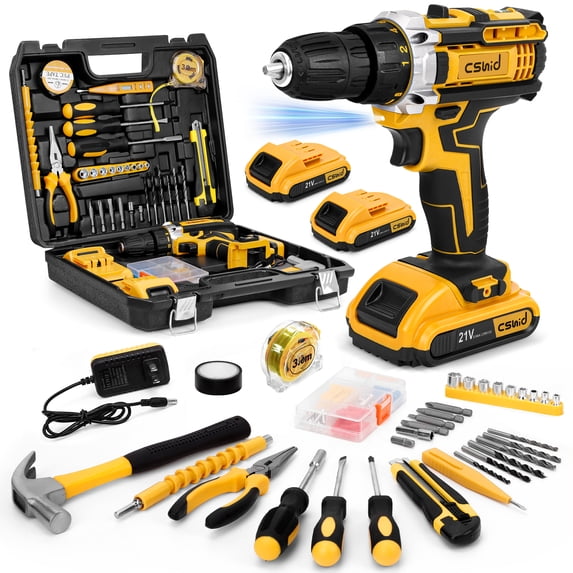 CSD45DSTS0000YE Tool Set with 21V Cordless Drill, Drill Set with 2 Batteries and Charger, 95PCS Electric Power Drill Tool Kit, Hand Repair Tools Sets Combo Kits Storage Organizer Drawer Case for Men Women, Yellow