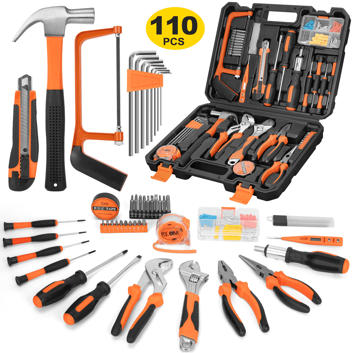 CSD44HRTK0000OG148P Home Repair Tool Set 110 PCS - Household Basic Portable Hand Repair Tool Kit with Case, Hammer, Pliers, Screwdrivers, Adjustable Wrench and Voltage Tester for Home Maintenance and DIY Projects