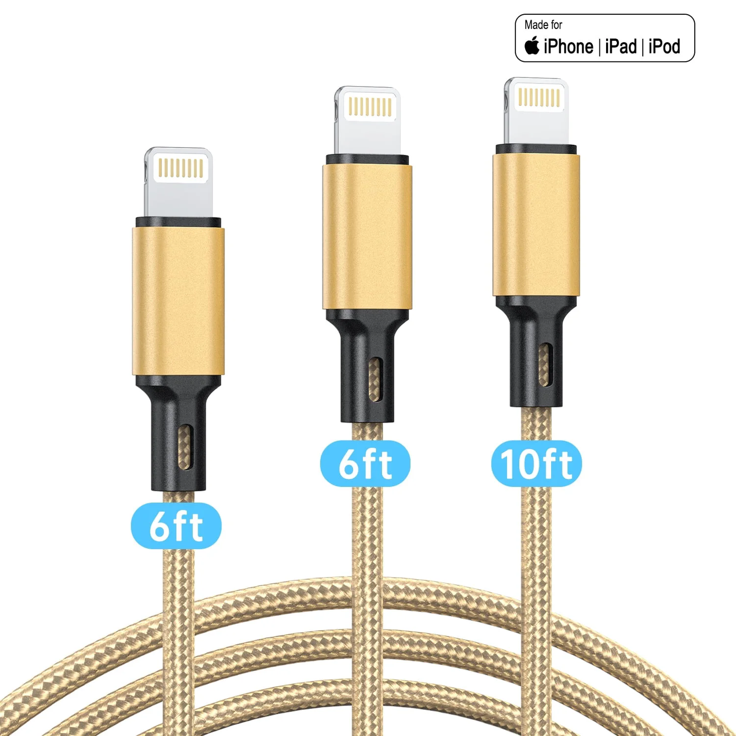 CSD01LNCB0000GD 3 Pack Lightning Charger Cord, Long USB Lightning Cable 6/6/10 feet,High/Data Sync 6&10 feet iPhone Charging Cable Compatible for iPhone 14/13/12/11 Promax/XS/XR/8/7/SE/iPad, Golden