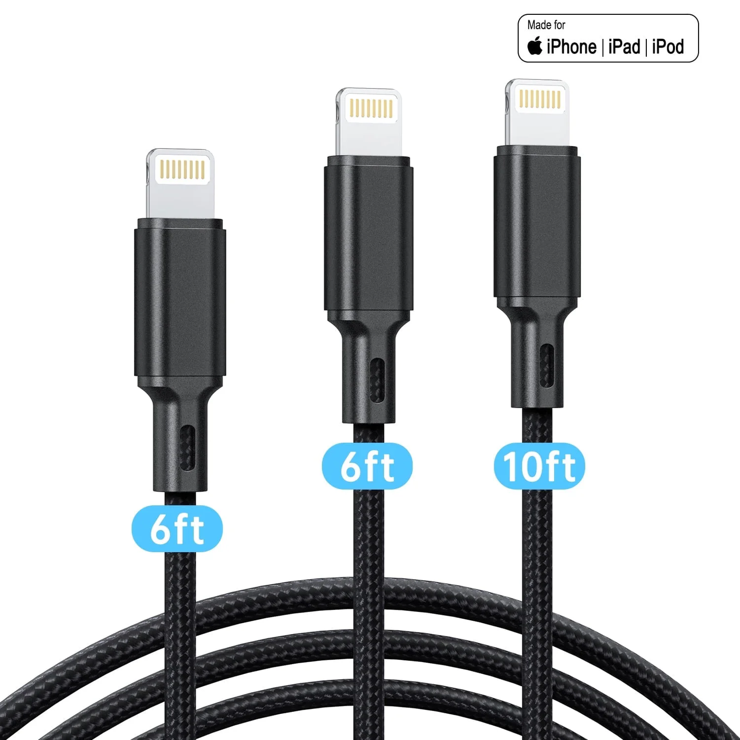 CSD03LNCB0000BK Lightning Charger Cable, 3 Pack 6/6/10FT Apple MFi Certified USB Lightning Cable Nylon Braided Fast Charging Cord Compatible for iPhone 14/13/12/11/X/Max/8/7/6/5/SE/Plus/iPad, Black
