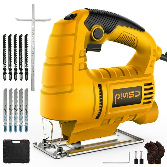 CSD01JSAS0000OG Jig Saw, 6.5-Amp Corded Electric Jig Saw with 6 Variable Speeds, Up to 3000SPM Electric Machine Tool Kit W/10PCS Blades & Gloves, Bevel Angle 45° & Pure Copper Motor for Wood Metal Plastic Cutting