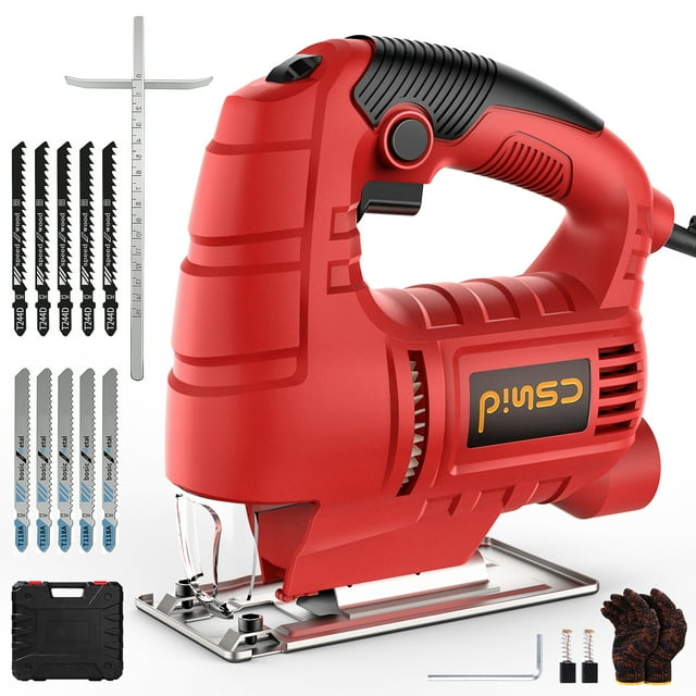CSD02JSAS0000RD Jig Saw, 6.5-Amp Corded Electric Jig Saw with 6 Variable Speeds, Up to 3000SPM Electric Machine Tool Kit W/10PCS Blades & Gloves, Bevel Angle 45° & Pure Copper Motor for Wood Metal Plastic Cutting