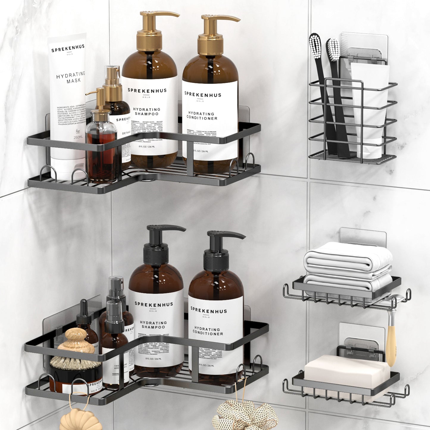 CSD01SWCD00L5BL 5 Pack Corner Shower Caddy, L-Shape Adhesive Shower Organizers, Rustproof Stainless Steel Shower Shelves with 18 Hooks, Toothpaste Holder & Soap Holder, No Drilling Bathroom Organizers Storage Racks