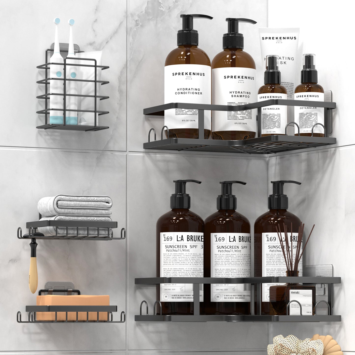 CSD02SWCD00L5BL Corner Adhesive Shower Caddy, 5-Pack Shower Organizer with Soap Holder, Toothbrush Holder and 18 Hooks, Rustproof Stainless Steel Bathroom Storage Shelves, No Drilling Wall Mounted Rack, Black