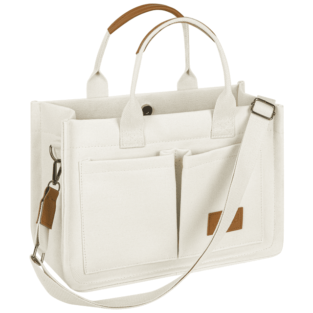 CSD01CTBH0000WH Canvas Tote Bag with Multi-Pocket for Women, Large Crossbody Shoulder Handbag Everything Tote Bag with Compartments, Laptop Work Bags Shoulder Travel Messenger Gym Totes, White