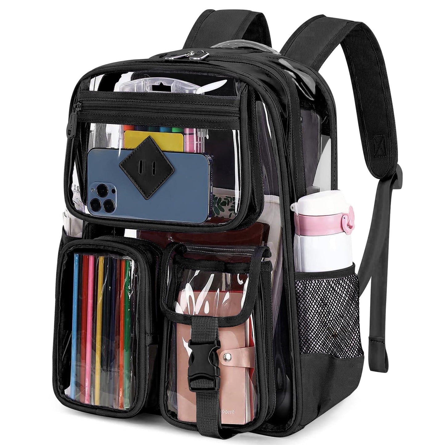 CSD46LAGCB0000BK Large Clear Backpack, 17" Heavy Duty Stadium Approved See Through Backpack with Reinforced Strap and Multiple Pockets, Waterproof PVC Transparent Backpacks for Work Travel Festival Black