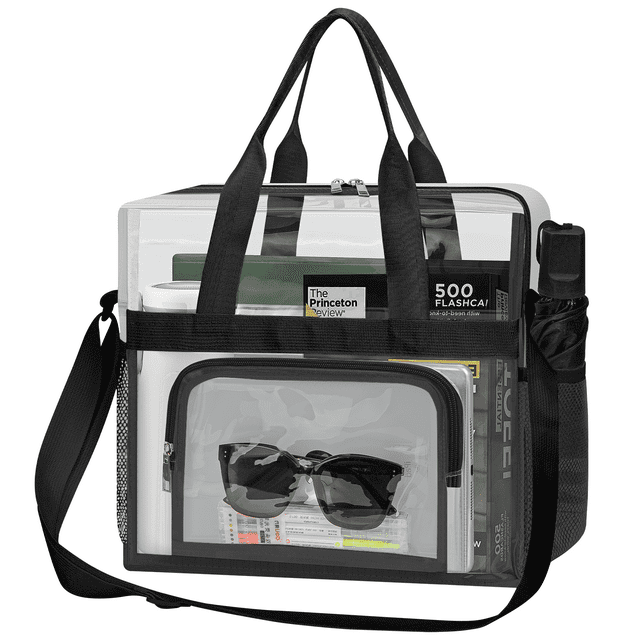 CSD47HBCB0000BK Clear Tote Bag for Stadium Events 12x12x6, Clear Bag with Reinforced Strap, Clear Tote Lunch Bag with 2 Side Pocket and Front Pocket for Work, Sports Games Concerts Travel Security Festival, Black